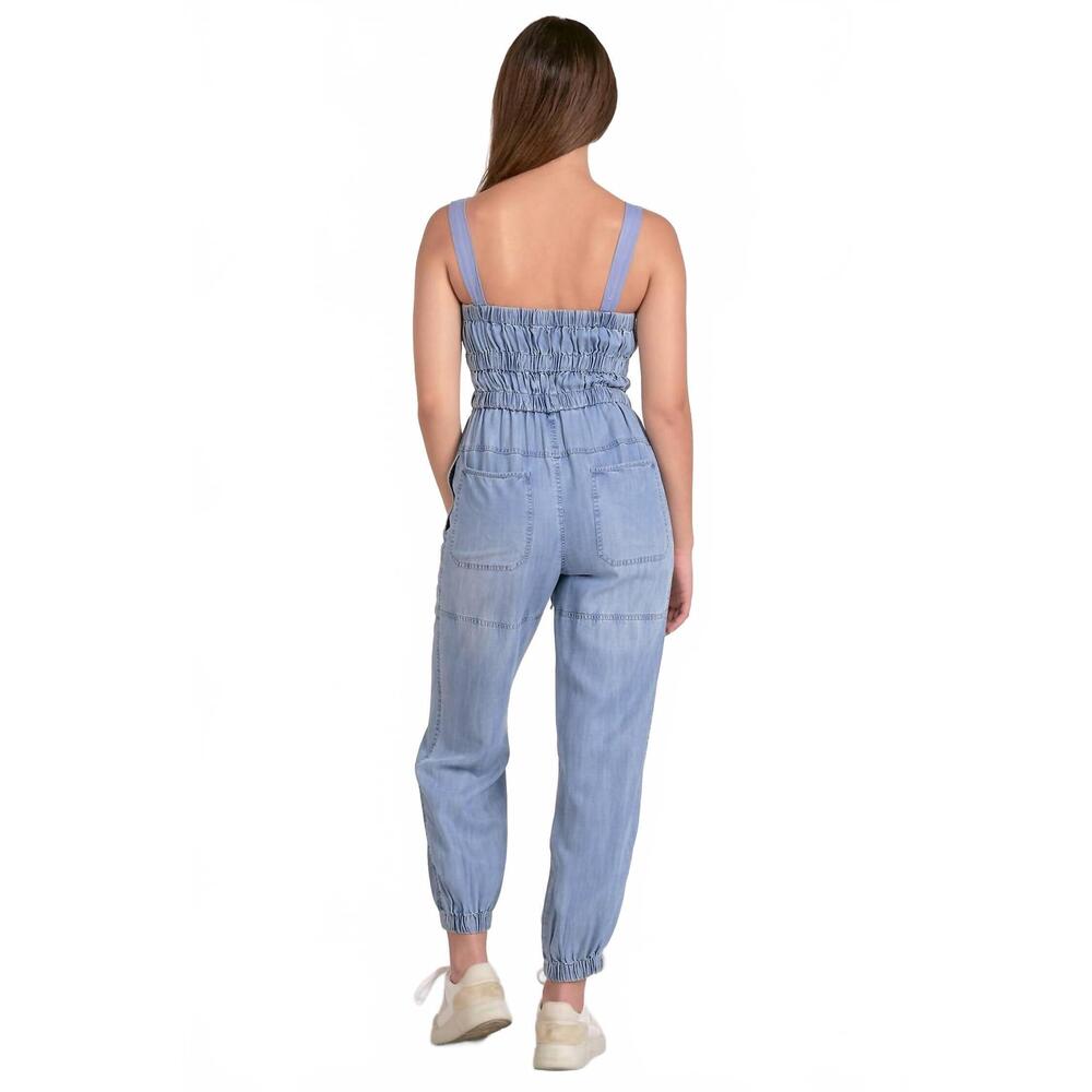 NEW ELAN denim tie waist jumpsuit in blue - Picture 3 of 7